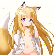 1_female 1girl animal_ear_fluff animal_ears animal_tail bare_shoulders blonde_hair bottomless breasts censored clothing ears female fox_ears fox_girl fox_tail groin hair hair_over_breasts high_resolution highres loli lolibooru.moe long_hair mogura2009 naked_shirt navel off_shoulder open_clothes open_shirt original out-of-frame_censoring pink_eyes questionable shirt shoulders small_breasts solo stomach tail very_long_hair white_shirt // 2300x2350 // 1.1MB