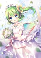 1_female 1girl bangs bare_shoulders blue_eyes blurry blurry_background blush bouquet bow clavicle collarbone commentary_request crown d daiyousei depth_of_field detached_sleeves dress eyebrows eyebrows_visible_through_hair eyes face facial_expression fairy_wings female flower green_flower green_hair green_wings hair hair_between_eyes hair_bow hair_ornament headwear holding holding_bouquet holding_object jewelry leaves_in_wind neck necklace one_side_up open-mouth_smile open_mouth pjrmhm_coa ponytail puffy_short_sleeves puffy_sleeves rose safe short short_sleeves shoulders sleeves smile solo strapless strapless_dress tiara tied_hair touhou touhou_project wedding_dress white_dress white_flower white_rose white_sleeves wings yellow_bow // 714x1000 // 814.0KB