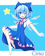 1_female 1girl ahoge barefoot blue_background blue_bow blue_eyes blue_hair blush bow character_name chata_maru_(irori_sabou) chatamaru_(irori_sabou) cirno commentary_request dress explicit eyes face facial_expression feet female flat_chest full-length_portrait hair hair_bow hair_ornament happy high_resolution highres ice ice_wings matching_haireyes one_eye_closed open_mouth pixiv_23761231 safe sankaku_channel short_hair simple_background smile solo star star_(symbol) text touhou wings wink ☆チルノ // 1201x1500 // 203.7KB