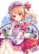 1_female 1girl apron bangs between_legs blonde_hair blurry blurry_background blush bow closed_mouth clothing coa commentary_request crystal depth_of_field diagonal_stripes dress eyebrows eyebrows_visible_through_hair eyes face facial_expression female flandre_scarlet frilled_apron frilled_dress frills hair hand_between_legs hand_up hat hat_ribbon headwear lolibooru.moe mob_cap one_side_up pjrmhm_coa puffy_short_sleeves puffy_sleeves red_dress red_eyes red_ribbon ribbon safe short short_sleeves sleeves smile solo striped striped_bow touhou touhou_project unusual_colored_wings white_apron white_headwear wings wrist_cuffs yellow_bow メイドフラン // 714x1000 // 815.5KB
