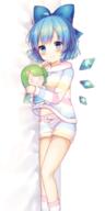 0_0 1_female 1girl 2 ahoge bed_sheet blue_bow blue_eyes blue_hair blue_wings blush bow character_doll cirno closed_mouth coa daiyousei dakimakura detached_wings eyes face facial_expression fairy fairy_wings feet_out_of_frame female footwear green_hair hair hair_bow hair_ornament ice ice_wings jacket light_background lolibooru.moe long_sleeves looking_at_viewer loungewear lying navel nightwear objectification on_back on_side pajamas pjrmhm_coa safe short_hair short_shorts shorts simple_background sleeves_past_wrists smile socks solo stomach striped striped_jacket striped_legwear striped_pajamas striped_shorts stuffed_character stuffed_toy touhou touhou_project toy white_background wings チルノ抱き枕 紅楼夢 紅楼夢16 // 450x900 // 313.4KB