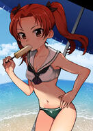 0_males 1_female bangs beach beach_umbrella bikini black_bow black_neckwear blue_sky bodily_fluids bow breasts brown_eyes brown_hair cleavage clothing cloud cloudy_sky collarbone cowboy_shot day eating eyebrows eyebrows_visible_through_hair eyes female female_only food girls_und_panzer hair hair_bow hand_on_hip high_resolution hips holding holding_food kadotani_anzu landform long_hair looking_at_viewer nakasone_haiji navel neck ocean ooarai_school_uniform parted_bangs popsicle safe sailor_collar school_uniform sky small_breasts solo standing_position stomach sweat swimsuit swimwear twintails umbrella uniform water waves white_sailor_collar // 1000x1412 // 1.2MB