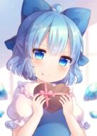 1_female ahoge blue_bow blue_dress blue_eyes blue_hair blue_wings blurry blurry_background blush bow box chocolate chocolate_heart chocolate_on_face cirno closed_mouth clothing collar collared_shirt commentary_request depth_of_field detached_wings dress eyes female food food_on_face frilled_shirt_collar frills fringe gift gift_box girl hair hair_between_eyes hair_bow hands_up heart-shaped_box holding holding_gift ice ice_wings lolibooru.moe pjrmhm_coa puffy_short_sleeves puffy_sleeves safe shirt short short_hair short_sleeves single sleeves solo sweets tall_image touhou upper_body valentine white_shirt wings // 715x1000 // 634.1KB