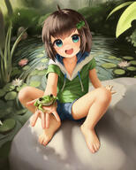 1 1_female 1girl 2d_art absurd_resolution absurdres animal animal_on_hand bangs bare_legs barefoot breasts child commentary crumbles d drawstring english_commentary eyes face facial_expression feet female freckles frog full-length_portrait full_body green_eyes green_hoodie hair hair_bobbles hair_ornament high_resolution highres hood hoodie indie_virtual_youtuber legs lily_<3 lily__3 lily_hopkins lily_pad loli lolibooru.moe looking_at_viewer medium_breasts open_mouth outdoors outside pixiv_40169508 pixiv_94621982 pond rock safe short short_sleeves shorts sitting sleeves smile solo toenails toes virtual_youtuber young // 2600x3250 // 5.3MB