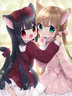 2_females 3 animal_ears animal_tail backlighting bangs black_hair blunt_bangs bow brown_hair cardigan cat_ears cat_tail catgirl clothing dress ears eyebrows eyebrows_visible_through_hair eyes face facial_expression fang feline_characteristics female gelbooru green_eyes hair hair_between_eyes hair_bow hair_ornament hairclip hand_on_another's_shoulder heads_together high_resolution long_hair long_sleeves multiple_females nekomura_yuyuko o open_mouth original panties panty_peek pink_dress pleated_skirt red_bow red_eyes safe shiny shiny_hair shirt sidelocks skirt smile standing_position straight_hair tail tail_bow tail_ornament tail_raised thighhighs tied_hair twintails underwear white_shirt white_skirt window // 1668x2224 // 2.3MB