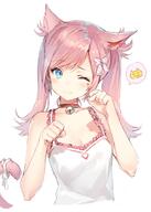 1_female 3 animal_ears bangs bell bell_collar blue_eyes breasts camisole cat_ears cleavage closed_mouth collar commentary_request danbooru ears eyebrows eyebrows_visible_through_hair eyes face facial_expression female final_fantasy final_fantasy_xiv frill_trim frills hair head_tilt jingle_bell miqo'te momoco momoko_(momopoco) neck_bell nekomimi one_eye_closed paw_pose pink_hair ribbon safe sankaku sankaku_channel simple_background slit_pupils small_breasts smile solo speech_bubble square_enix swept_bangs tail tail_ornament tied_hair twintails upper_body white_background wink // 800x1120 // 95.5KB