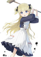 1_female apron black_dress blonde_hair blue_eyes blush broom dress emilico_(shadows_house) eyes female hair high_resolution holding holding_broom long_sleeves looking_at_viewer open_mouth safe shadows_house simple_background solo standing_position two_side_up wasabi60 white_apron white_background // 868x1212 // 460.4KB