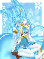 1_female animal_ears animal_tail bell blue_background blue_eyes blue_hair blue_hakama blue_sclera blue_skin blue_skirt blush boots border bow breasts brown_footwear cleavage closed_mouth colored_sclera colored_skin curss ears eyes face facial_expression female footwear fox_ears fox_tail hair hair_ornament hakama hakama_short_skirt hakama_skirt high_resolution japanese_clothes jingle_bell large_tail legwear long_hair looking_at_viewer medium_breasts monster_girl original outside_border purple_sash safe sash simple_background sitting sitting_sideways skirt slime_(substance) slime_girl smile solo tail tail_bow tail_ornament thighhighs white_border white_bow white_legwear // 1488x1982 // 2.2MB