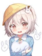 1_female animal bangs blue_shirt blush bunny bunny-shaped_pupils bunny_hair_ornament clothing commentary_request eyebrows eyebrows_visible_through_hair eyes female hair hair_between_eyes hair_ornament hat headwear holding holding_animal holding_bunny loli long_sleeves looking_at_viewer mannack open_mouth original rabbit red_eyes safe sankaku shirt short_hair silver_hair simple_background solo tearing_up upper_body white_background yellow_headwear うさぎ キュミ キュミ10 幼稚園児 // 889x1188 // 723.5KB