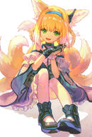 1_female absurd_resolution animal_ears animal_tail arknights bangs bare_shoulders black_footwear black_gloves blonde_hair blue_hairband boots braid clothing commentary_request d dogdogbhh ears eyebrows eyebrows_visible_through_hair eyes face facial_expression female footwear fox_ears fox_girl fox_tail frilled_skirt frills full-length_portrait gelbooru gloves green_eyes hair hair_between_eyes hair_rings hairband high_resolution interlocked_fingers kyuubi legwear multicolored_hair multiple_tails open_mouth open_smile own_hands_together pantyhose purple_skirt safe shirt shoulders simple_background single_glove sitting skirt smile solo suzuran_(arknights) tail tied_hair torn_clothes torn_legwear twin_braids two_tone_hair white_background white_hair white_legwear white_shirt // 2374x3496 // 8.9MB