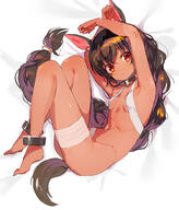 1_female a_k_o animal_ears ankle_cuffs armpits arms_raised_up artist_name ass bandage bandaged_leg bandages barefoot beautiful_female_bodies bodily_fluids breasts brown_hair creation dark-skinned_female dark_skin dated ears eyes feet female full-length_portrait konbu_wakame long_hair looking_at_viewer lying o on_side open_mouth original pixiv_58680218 questionable red_eyes simple_background sketch small_breasts solo sweat tail very_long_hair white_background 昆布わかめ ！ // 855x1000 // 523.7KB