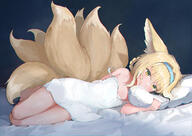 1_female akadashi1210 alternate_costume animal_ear_fluff animal_ears arknights bare_legs bare_shoulders barefoot bed bed_sheet blue_hairband blush dress ears eyebrows eyebrows_visible_through_hair eyes feet female green_eyes hair hair_rings hairband large_tail legs lying multiple_tails on_bed on_side pillow questionable safe shoulders sleeveless sleeveless_dress solo spaghetti_strap strap_slip sundress suzuran_(arknights) tail wardrobe_malfunction // 4093x2894 // 5.5MB