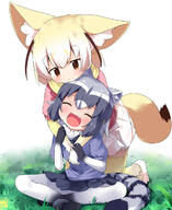 animal_ears anthropomorphization bent_knees common_raccoon_(kemono_friends) duo embracing eyes_closed fangs female fennec_(kemono_friends) ground high_resolution holding_close hug hugged_from_behind kemono_friends kitsunemimi multicolored_hair open_mouth raccoon_ears simple_background sitting // 981x1200 // 658.0KB