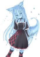 1girl animal_ears bare_shoulders black_dress black_legwear blue_eyes blue_hair blue_sclera blue_skin blush bridal_gauntlets choker clothing collar colored_sclera colored_skin commission curss dress female female_only female_solo fingerless_gloves fox_ears fox_tail gloves goo_girl hand_up head_tilt high_resolution highres jewelry kitsunemimi long_hair looking_at_viewer metal_collar monster_girl necklace original parted_lips pendant pleated_dress red_legwear red_ribbon ribbon simple_background skeb_commission skindentation slime slime_girl slime_monster solo striped striped_legwear tail thighhighs two-tone_legwear very_long_hair white_background // 1299x1817 // 342.7KB