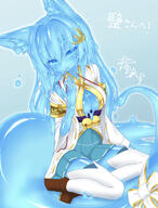 1_female 1girl animal_ears animal_tail blue_eyes blue_hair blue_skin breasts cleavage clothing colored_skin curss ears eyes face facial_expression female female_only female_solo fox_ears fox_girl fox_tail goo_girl hair japanese_clothes kitsunemimi monster_girl no_bra open_clothes safe sideboob skirt slime slime_girl slime_monster smile solo tail thighs wafuku // 750x983 // 666.3KB