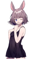 1_female 3 animal_ears bangs bare_arms black_dress blue_eyes brown_hair bunny_ears character dress ears eyebrows eyebrows_visible_through_hair eyes female flat_chest hair looking_at_viewer one_eye_closed rabbit_ears rabbit_girl safe series short_hair shugao solo symbol-only_commentary symbol_commentary tongue w // 700x1190 // 279.3KB