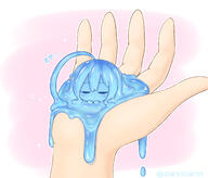 1_female 1girl ahoge antenna_hair blue_hair blue_skin chibi closed_eyes colored_skin commentary_request curss facing_viewer female hair hand high_resolution highres huge_ahoge in_palm long_hair minigirl monster_girl original pink_background safe simple_background sleeping slime_girl solo_focus tenori_(curss) twitter_username // 1509x1288 // 859.0KB