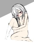 1_female 1girl blush breasts brown_eyes clothing curss eyes female female_only female_solo footwear looking_at_viewer nipples nude pose questionable small_breasts socks solo white_hair // 768x1024 // 238.0KB