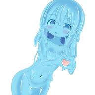 1_1_aspect_ratio blue_eyes blue_hair blue_skin blush breasts colored_skin curss goo_girl heart heart_hands looking_at_viewer medium_hair monster_girl navel no_nipples slime slime_monster small_breasts // 1000x1000 // 83.1KB