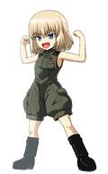 1_female 1girl absurd_resolution absurdres bangs black_footwear blonde_hair blue_eyes boots clenched_hands clothing eyes fang female flexing footwear full-length_portrait full_body girls_und_panzer green_jumpsuit hair high_resolution highres insignia jumpsuit kamishima_kanon katyusha_(girls_und_panzer) looking_to_the_side military military_uniform open_mouth pose pravda_military_uniform safe short_hair short_jumpsuit simple_background skin_fang sleeveless smirk solo standing standing_position uniform v-shaped_eyebrows white_background // 2118x3383 // 348.0KB