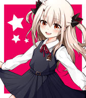 1_female 1girl bangs belt black_dress blush border breasts clothing collar collared_shirt cosplay curtsey d dress dress_shirt eyebrows eyebrows_visible_through_hair eyes face facial_expression fate fategrand_order fatekaleid_liner_prisma_illya fate_(series) fate_grand_order fate_kaleid_liner_prisma_illya female hair hair_between_eyes highres illyasviel_von_einzbern ishtar_(fate) ishtar_(fate)_(all) lolibooru.moe long_hair long_sleeves looking_at_viewer mochi_(k620803n) neck_ribbon open_mouth pinafore_dress pink_background pleated_dress red_eyes remodel_(kantai_collection) ribbon safe sankaku_channel school_uniform shirt sidelocks simple_background sleeveless sleeveless_dress small_breasts smile solo space_ishtar_(fate) space_ishtar_(fate)_(cosplay) star_(symbol) two_side_up uniform white_border white_hair white_shirt // 1321x1500 // 596.3KB