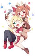 2_females 2d_art 2girls ;d animal_costume animal_ears antlers bangs bell belt black_legwear blonde_hair boots brown_gloves brown_hair capelet christmas christmas_ornaments christmas_outfit clothing commentary_request costume d deer_ears ears eyes face facial_expression fake_animal_ears fake_antlers fang female footwear full-length_portrait full_body fur fur_trim gloves green_eyes hair hairband hand_holding handbell hat headwear high_resolution highres himesaka_noa holding holding_bell holding_hands horns hoshino_hinata legwear looking_at_viewer makuran multiple_females multiple_girls one_eye_closed one_side_up open_mouth open_smile pantyhose pixiv_899657 pixiv_94983135 red_eyes red_footwear reindeer_costume safe sankaku santa_costume santa_hat short_hair simple_background skin_fang skyme smile watashi_ni_tenshi_ga_maiorita! white_background wink わたてんクリスマス部 ｍ－くん // 1000x1600 // 151.8KB