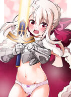 1_female 1girl armor artoria_pendragon artoria_pendragon_(all) artoria_pendragon_(cosplay) artoria_pendragon_(fate) bangs bow bow_panties breastplate breasts clothing commentary_request cosplay excalibur_(fatestay_night) excalibur_(fate_stay_night) eyes fate fatekaleid_liner_prisma_illya fatestay_night fate_(series) fate_kaleid_liner_prisma_illya female gauntlets hair high_resolution highres illyasviel_von_einzbern lolibooru.moe long_hair looking_at_viewer mochi_(k620803n) open_mouth panties questionable red_eyes saber saber_(cosplay) solo sword thighs underwear weapon white_hair white_panties white_underwear // 1105x1500 // 945.7KB