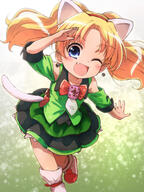 1_female 1girl ;d animal_ears animal_tail blonde_hair blurry bow brooch cat_ears cat_tail commentary depth_of_field dress earrings ears explicit face facial_expression fake_animal_ears fang fangs female gradient gradient_background green_dress hair hairband high_resolution highres jewelpet_(series) jewelpet_twinkle jewelry miria_marigold_mackenzie nyama one_eye_closed open_mouth outstretched_arm pinei2007 red_bow red_hairband safe salute simple_background smile solo tail tied_hair twintails white_footwear ぬゆぬゆ // 960x1280 // 266.0KB