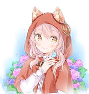 1_female 1girl animal animal_ear_fluff animal_ears bangs bird bluebird blush brown_eyes capelet closed_mouth clothing commentary_request day ears eyebrows eyebrows_visible_through_hair eyes face facial_expression female flower hair hair_between_eyes hand_up hood hood_up hooded_capelet hydrangea long_sleeves original outdoors outside pink_flower pink_hair purple_flower rain red_capelet safe shirt sleeves_past_wrists smile solo upper_body wataame27 white_shirt wolf-chan_(wataame27) wolf_ears // 714x752 // 311.2KB