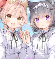 2girls animal_ear_fluff animal_ears bangs black_hair black_ribbon blue_sky bow brown_eyes cat_ears cat_hair_ornament closed_mouth cloud commentary d day dress eyebrows_visible_through_hair fang hair_between_eyes hair_bow hair_ornament hairclip hand_up juliet_sleeves komugi_(wataame27) long_sleeves multiple_girls name_tag neck_ribbon original outdoors pink_hair puffy_sleeves purple_eyes red_bow ribbon sky smile upper_body wataame27 white_dress wolf-chan_(wataame27) wolf_ears // 714x766 // 420.1KB