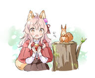 1_female 1_other 1girl 1other animal_ears animal_tail apple brown_skirt capelet clothing commentary commentary_request ears eyebrows eyebrows_visible_through_hair eyes fang fangs female food food_on_face fruit hair hair_between_eyes holding holding_food holding_fruit log looking_at_viewer mammal medium_hair medium_length_hair nut_(food) open_mouth orange_eyes original pink_hair point_of_view red_capelet rodent safe shirt simple_background skin_fang skirt solo squirrel standing_on_object tail tree_stump wataame27 wavy_hair white_shirt wolf-chan_(wataame27) wolf_ears wolf_girl wolf_tail // 928x770 // 287.2KB