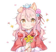 1girl animal_ear_fluff animal_ears bangs blue_flower blush brown_eyes capelet closed_mouth commentary_request eyebrows_visible_through_hair flower hair_between_eyes hair_flower hair_ornament hair_ribbon holding holding_flower hood hood_down hooded_capelet long_hair long_sleeves looking_at_viewer original petals pink_flower pink_hair red_capelet red_ribbon ribbon shirt simple_background sleeves_past_wrists smile solo unaligned_ears upper_body wataame27 white_background white_shirt wolf-chan_(wataame27) wolf_ears yellow_flower // 798x742 // 288.6KB