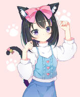 1_female absurd_resolution animal_ears animal_tail arm_up bangs bell black_hair blue_skirt blush bow c camisole cat_ears cat_tail center_frills clenched_hands clothing cowboy_shot ears explicit eyebrows eyebrows_visible_through_hair eyes female hair hair_bow hand_up heart heart_print high_resolution kikistark long_hair looking_at_viewer original paw_pose paw_print pink_background pink_bow point_of_view purple_eyes safe shirt simple_background skirt solo standing_position tail tail_bell tail_bow white_shirt // 2669x3234 // 1.2MB