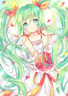 1_female aqua_eyes bare_shoulders blush bouquet dress explicit eyes face facial_expression female flower flower_(flowers) fringe from_above girl green_eyes green_hair hair hair_ribbon hatsune_miku long_hair looking_at_viewer matching_haireyes petals photoshop_(medium) ribbon_(ribbons) safe shinkansen_henkei_robo_shinkalion single smile solo tall_image tied_hair twintails very_long_hair vocaloid wataame27 white_dress wind // 627x885 // 290.0KB