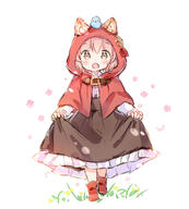 1girl animal_ear_fluff animal_ears bangs black_skirt blush boots brown_eyes capelet commentary d ears_through_headwear eyebrows_visible_through_hair fang frilled_skirt frills full_body hair_between_eyes hood hood_up hooded_capelet looking_at_viewer open_mouth original pink_hair red_capelet red_footwear shirt skirt skirt_hold smile solo walking wataame27 white_background white_shirt wolf-chan_(wataame27) wolf_ears younger // 580x642 // 148.4KB