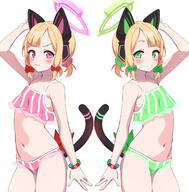 2_females 2girls absurdres animal_tail arm_up blonde_hair blue_archive blush cat_ear_headphones cat_tail collarbone eyes face facial_expression female green_eyes hair hair_ribbon halo headphones highres lolibooru.moe looking_at_viewer midori_(blue_archive) momoi_(blue_archive) multiple_females multiple_girls navel neck pn_(wnsl216) ponytail red_eyes ribbon safe saiba_midori saiba_momoi scrunchie short_hair siblings simple_background smile stomach swimsuit swimwear tail tied_hair twins white_background // 2604x2648 // 2.2MB