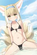 1_female 1girl 2d_art animal_ears animal_tail arknights bent_knees bikini black_bikini black_swimsuit blue_hairband blue_sky camel_toe clothing cloud clouds commentary day ears explicit eyebrows eyebrows_visible_through_hair eyes female flat_chest fox_ears fox_girl fox_tail green_eyes hair hairband hawawa highres kitsune loli looking_at_viewer multiple_tails navel ocean outdoors outside pixiv_41989573 pixiv_92114069 questionable safe sankaku sitting sky solo stomach suzuran_(arknights) swimsuit swimwear tail user_gfjp8448 wariza water wet がちがち スズラン 铃兰 // 1284x1879 // 1.5MB