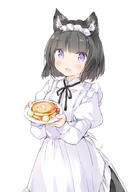 1_female 1girl animal_ear_fluff animal_ears apron bad_id bad_twitter_id bangs black_hair black_ribbon black_skirt blush cat_ears commentary_request d eyebrows_visible_through_hair face facial_expression fang female food frilled_apron frills hair hands_up holding holding_plate juliet_sleeves komugi_(wataame27) long_sleeves looking_at_viewer neck_ribbon open_mouth original pancake pancake_stack plate puffy_sleeves purple_eyes ribbon shirt simple_background skirt smile solo waitress wataame27 white_apron white_background white_shirt // 627x885 // 175.1KB