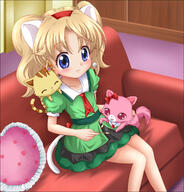 1_female 1girl animal_ears animal_tail blonde_hair blue_eyes bow cat_ears cat_tail commentary_request couch creature dress earrings ears explicit eyes fake_animal_ears fake_tail female garnet_(jewelpet) gelbooru green_dress hair hairband heart heart_pillow jewelpet_(series) jewelpet_twinkle jewelry miria_marigold_mackenzie pillow red_bow red_hairband safe sango_(jewelpet) tail takurou_(bpm191) tied_hair twintails // 684x713 // 338.6KB