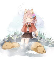 1_female 1girl 3 =_= animal animal_ear_fluff animal_ears animal_tail bangs barefoot black_skirt blue_flower blush capelet capybara closed_eyes closed_mouth clothing commentary commentary_request ears eyebrows eyebrows_visible_through_hair facing_viewer feet female flower frilled_skirt frills hair hair_between_eyes hair_flower hair_ornament hair_ribbon hood hood_down hooded_capelet long_hair long_sleeves original partially_submerged pink_flower pink_hair pleated_skirt red_capelet red_ribbon ribbon safe sankaku_channel shirt simple_background sitting skirt sleeves_past_wrists soaking_feet solo steam tail wataame27 wataame_(ame27) water white_background white_shirt wolf-chan_(wataame27) wolf_ears wolf_girl wolf_tail // 731x797 // 225.6KB