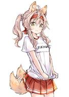 1_female 1girl afterimage ahoge alternate_costume alternate_hairstyle animal_ear_fluff animal_ears animal_tail bangs blush braid brown_eyes closed_mouth clothing commentary commentary_request cowboy_shot danbooru ears eyebrows eyebrows_visible_through_hair eyes face facial_expression female gym_shirt hair hair_between_eyes headband long_hair name_tag original pink_hair pleated_skirt red_headband red_skirt safe shirt short short_sleeves simple_background skirt sleeves smile solo tail tail_wagging tied_hair translated translation_request twintails wataame27 white_background white_shirt wolf-chan_(wataame27) wolf_ears wolf_girl wolf_tail // 627x885 // 81.2KB
