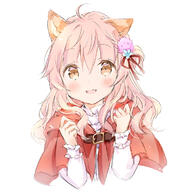 1_female 1girl ahoge animal_ear_fluff animal_ears bangs blue_flower brown_eyes capelet clothing commentary commentary_request cropped_torso d ears eyebrows eyebrows_visible_through_hair eyes face facial_expression female flower hair hair_between_eyes hair_flower hair_ornament hair_ribbon hands_up hood hood_down hooded_capelet long_hair long_sleeves looking_at_viewer open_mouth original pink_flower pink_hair red_capelet red_ribbon ribbon safe shirt simple_background sleeves_past_wrists smile solo upper_body wataame27 white_background white_shirt wolf-chan_(wataame27) wolf_ears // 695x741 // 263.1KB