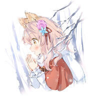 1_female 1girl animal_ear_fluff animal_ears bangs blue_flower blush breath brown_eyes capelet clothing commentary commentary_request ears eyebrows eyebrows_visible_through_hair eyes fang fangs female flower hair hair_between_eyes hair_flower hair_ornament hair_ribbon hands_up long_hair long_sleeves looking_away open_mouth original perspective pink_flower pink_hair profile red_capelet red_ribbon ribbon safe scarf shirt sleeves_past_wrists snow snowflakes snowing solo tree_branch upper_body wataame27 white_scarf white_shirt wolf-chan_(wataame27) wolf_ears // 752x802 // 309.5KB