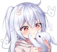 1_female 1girl absurdres ahoge animal bangs blush brown_eyes brown_hoodie bunny bunny-shaped_pupils bunny_hair_ornament closed_mouth commentary_request eyebrows eyebrows_visible_through_hair eyes female hair hair_between_eyes hair_ornament hands_up highres holding holding_animal hood hood_down hoodie loli long_hair long_sleeves mannack original ponytail rabbit safe sankaku_channel silver_hair simple_background sleeves_past_wrists solo tied_hair upper_body white_background キュミ キュミチュー 兎 // 3144x2840 // 4.2MB