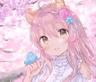 1girl ahoge animal_ear_fluff animal_ears animal_on_hand bangs bird blue_flower blurry blurry_background blush branch brown_eyes center_frills clothing_cutout commentary d depth_of_field eyebrows_visible_through_hair fang flower frills hair_between_eyes hair_flower hair_ornament hair_ribbon hand_up long_hair looking_at_viewer original petals pink_flower pink_hair ribbon shirt shoulder_cutout smile solo symbol-only_commentary wataame27 white_ribbon white_shirt wolf-chan_(wataame27) wolf_ears // 663x566 // 276.8KB