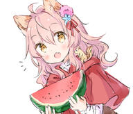 1girl ahoge animal_ear_fluff animal_ears animal_on_shoulder bangs blue_flower blush brown_eyes capelet commentary_request d eyebrows_visible_through_hair fang flower food fruit hair_between_eyes hair_flower hair_ornament hair_ribbon holding holding_food hood hood_down hooded_capelet long_sleeves looking_at_viewer notice_lines open_mouth original pink_flower pink_hair red_capelet red_ribbon ribbon shirt simple_background smile solo squirrel upper_body wataame27 watermelon watermelon_slice white_background white_shirt wolf-chan_(wataame27) wolf_ears // 803x685 // 272.3KB