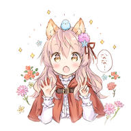 1_female 1girl animal animal_ear_fluff animal_ears animal_on_head bangs bird bird_on_head blue_flower bluebird blush brown_eyes capelet center_frills commentary_request cropped_torso eyebrows_visible_through_hair eyes fang female flower frilled_sleeves frills hair_between_eyes hair_flower hair_ornament hair_ribbon hood hood_down hooded_capelet long_hair long_sleeves looking_at_viewer o on_head open_mouth original pink_flower pink_hair red_capelet red_flower red_ribbon ribbon shirt sleeves_past_wrists solo sparkle translated upper_body wataame27 white_shirt wolf-chan_(wataame27) wolf_ears // 704x704 // 255.7KB