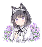1_female 1girl animal_ear_fluff animal_ears bangs black_bow black_hair blush bow braid cat_ears closed_mouth clothing commentary_request cropped_torso ears eyebrows eyebrows_visible_through_hair eyes face facial_expression female flower hair hand_up headdress headwear juliet_sleeves komugi_(wataame27) long_sleeves looking_at_viewer maid_attire maid_headdress original point_of_view puffy_sleeves purple_eyes purple_flower safe shirt simple_background smile solo upper_body violet_eyes wataame27 white_background white_shirt // 739x830 // 296.3KB
