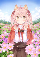 1_female 1girl alternate_hairstyle ame27 animal_ear_fluff animal_ears bangs black_skirt blush brown_eyes bug butterfly capelet claw_pose clothing cloud clouds cloudy_sky commentary_request ears eyebrows eyebrows_visible_through_hair eyes face facial_expression female field flower flower_field hair hair_between_eyes hair_ribbon hood hooded_capelet insect kemonomimi long_sleeves looking_at_viewer original original_character petals photoshop_(medium) pink_hair pleated_skirt red_capelet red_ribbon ribbon safe shirt sidelocks skirt sky smile solo tied_hair twintails wataame27 white_shirt wolf-chan_(wataame27) wolf_ears wolf_girl わたあめ ツインテのオオカミちゃん // 752x1062 // 668.7KB