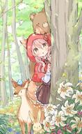 1girl animal animal_ears bangs bear bird blush brown_eyes brown_skirt bug bunny butterfly capelet check_commentary commentary_request deer ears_through_headwear eyebrows_visible_through_hair fang flower forest frilled_skirt frills hair_between_eyes hands_up hood hood_up hooded_capelet long_sleeves nature o original parted_lips peeking_out pink_hair pleated_skirt red_capelet shirt skirt sleeves_past_wrists solo tail thighhighs tree wataame27 white_flower white_legwear white_shirt wolf-chan_(wataame27) wolf_ears wolf_girl wolf_tail // 524x852 // 116.4KB